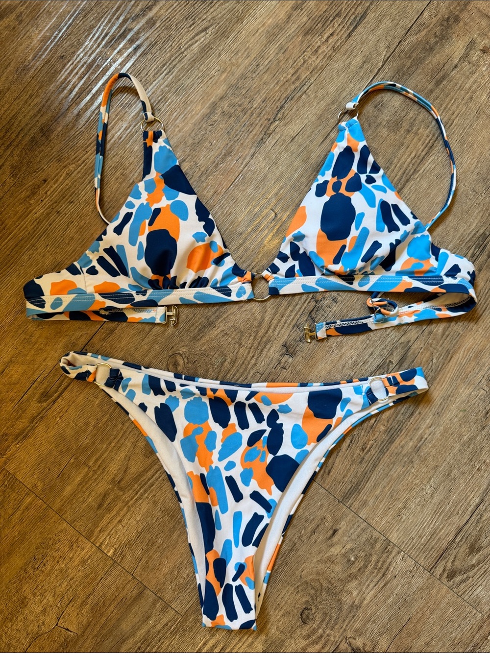 Abstract Print Triangle Bikini Set in Blue & Orange